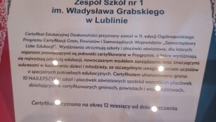 Certyfikat Edukacyjnej Doskonałości dla Zespołu Szkół nr 1 im. Władysława Grabskiego